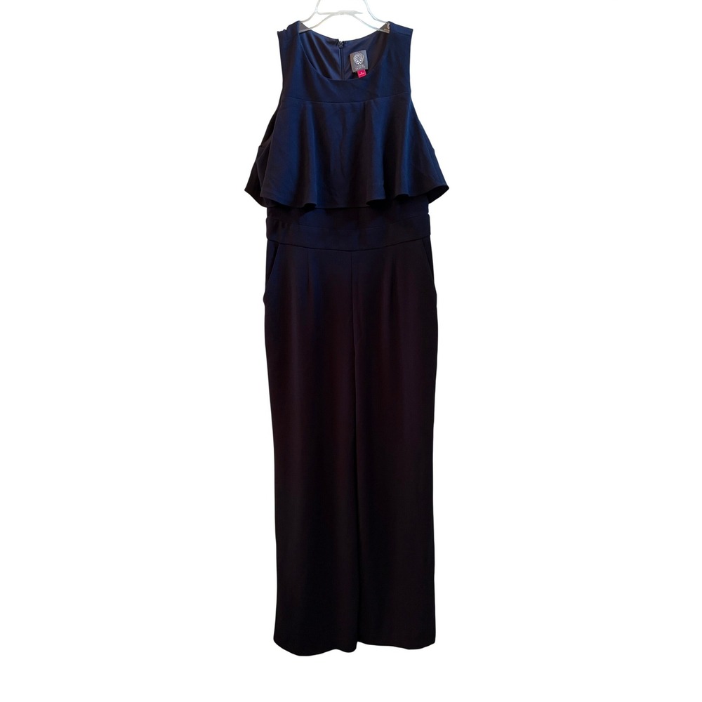 Vince Camuto Navy Blue Popover Ruffle Wide Leg Jumpsuit Womens Size 12 NWOT